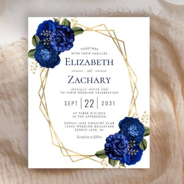 Convite de Casamento Floral Geométrico Azul Real O (Criador carregado)