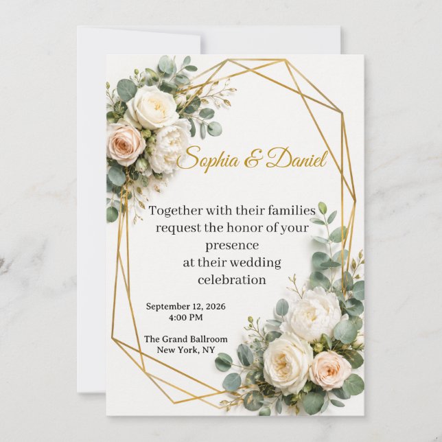 Convite de Casamento Floral Geométrico Elegante (Frente)