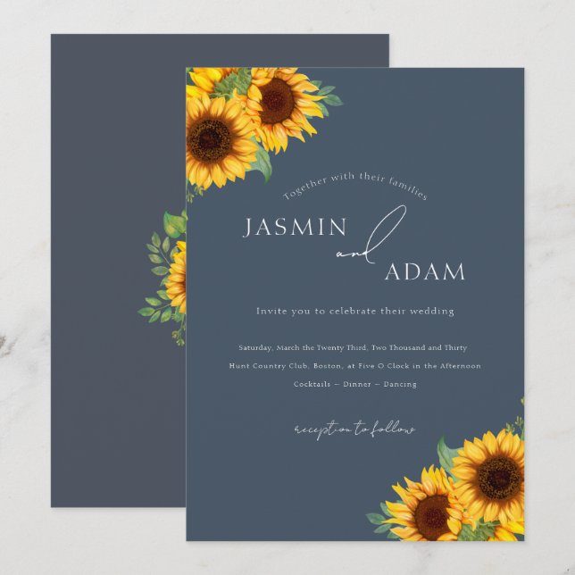 Convite de Casamento Floral Girassol Simples Azul  (Frente/Verso)