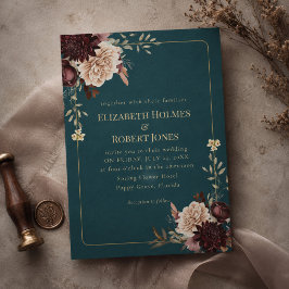 Convite de Casamento Floral Gótico em Azul Escuro