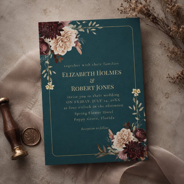 Convite de Casamento Floral Gótico em Azul Escuro (Dark Teal Floral Gothic Wedding Invitation)