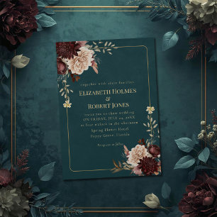 Convite de Casamento Floral Gótico em Azul Escuro