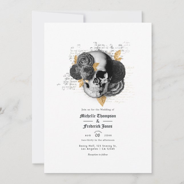 Convite de Casamento Floral Gótico Preto e Dourado (Frente)