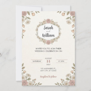 Convite de Casamento Floral Hexagonal Rosa Bege