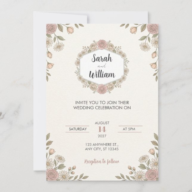 Convite de Casamento Floral Hexagonal Rosa Bege (Frente)