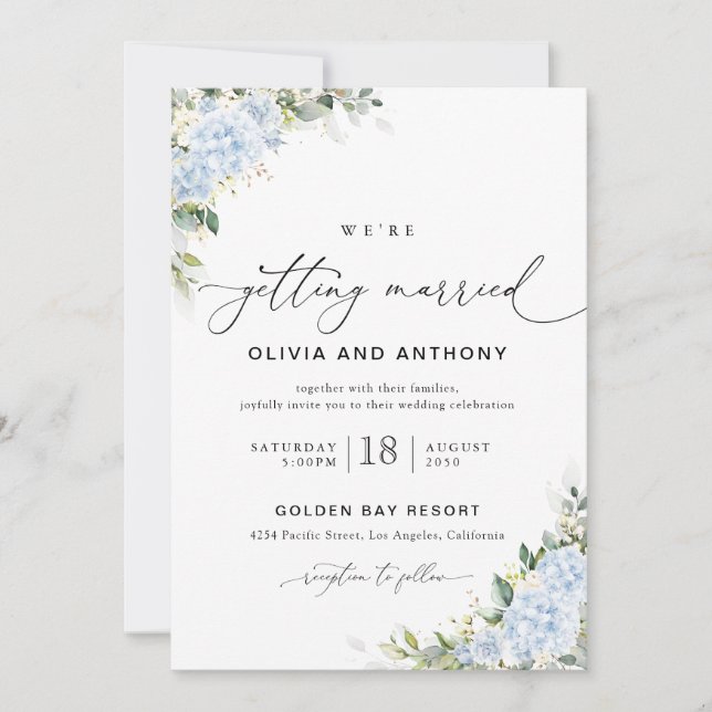 Convite de Casamento Floral Hortênsia Azul (Frente)