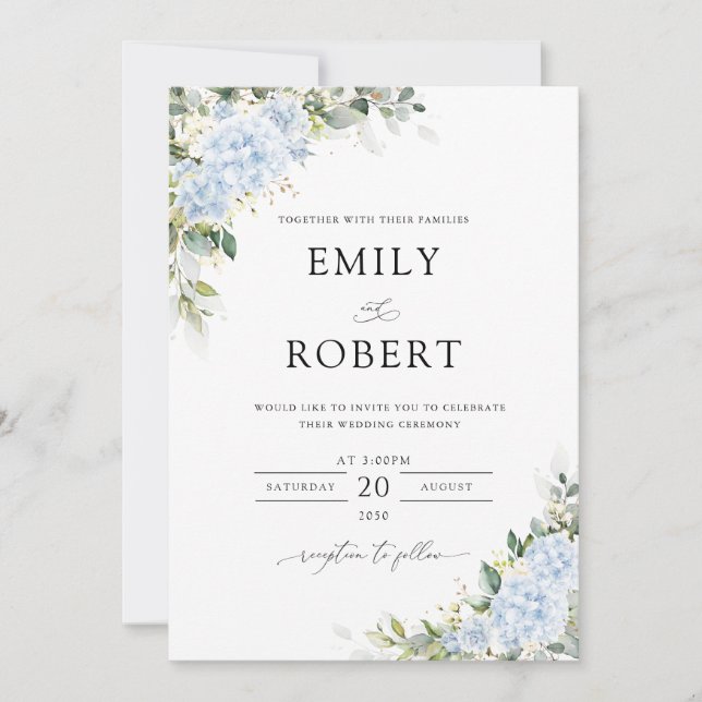 Convite de Casamento Floral Hortênsia Azul (Frente)