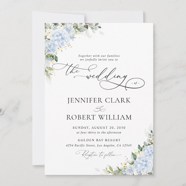 Convite de Casamento Floral Hortênsia Azul (Frente)