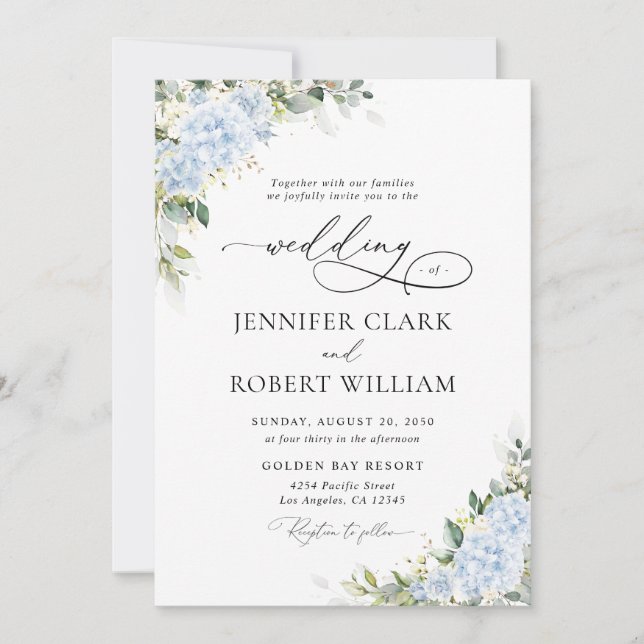 Convite de Casamento Floral Hortênsia Azul (Frente)