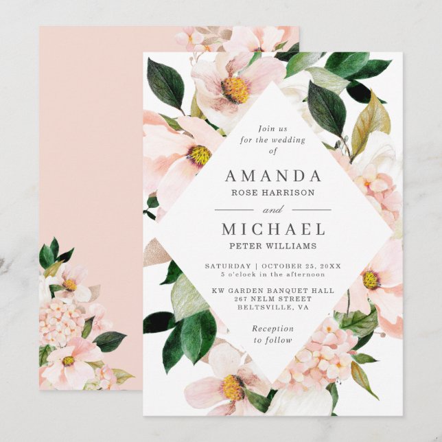 Convite de Casamento Floral Hortênsia Rosada (Frente/Verso)