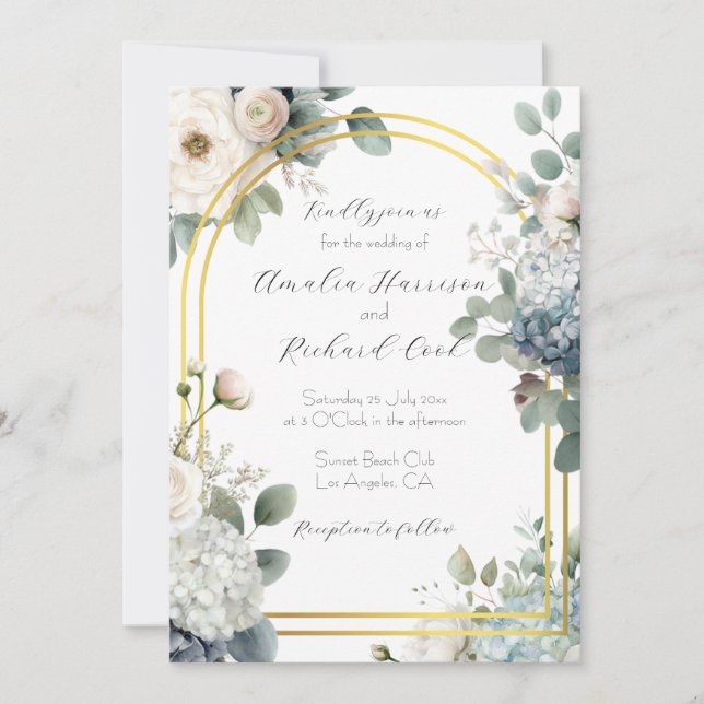 Convite de Casamento Floral Hydrangea Azul Empoeir (Frente)