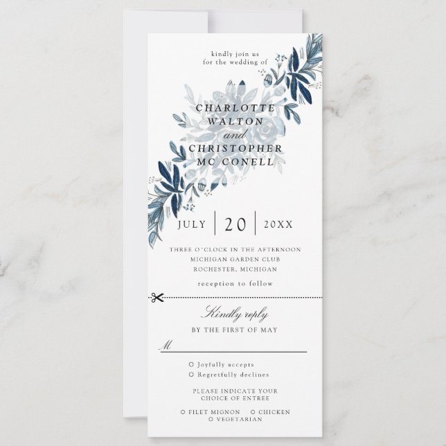 convite de casamento floral índigo com rsvp inclus (Frente)