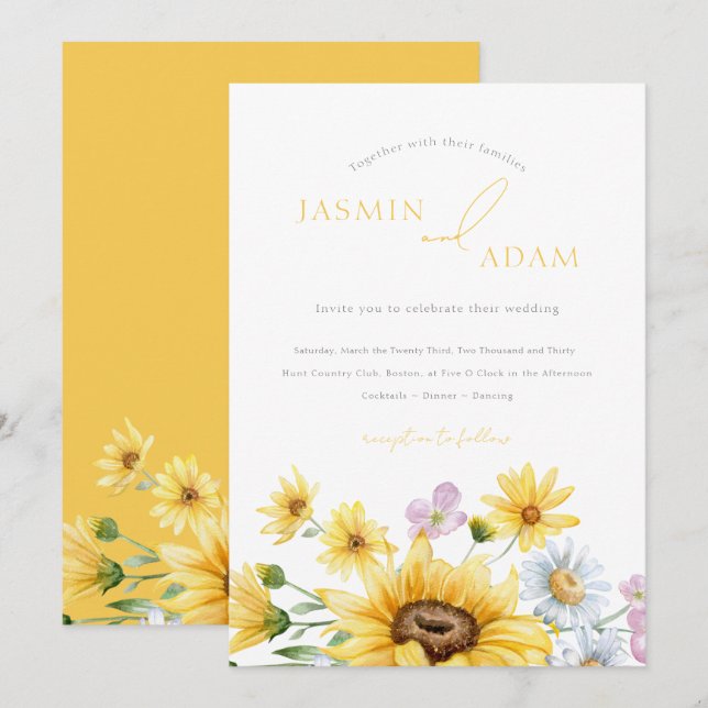 Convite de Casamento Floral Iniciales de Girassol  (Frente/Verso)