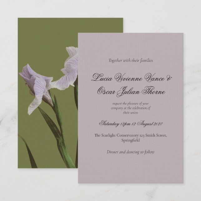 Convite de Casamento Floral Íris Lavanda Mal-humor (Frente/Verso)