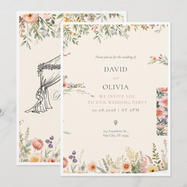 Convite de Casamento Floral Jardim Aquarela (Frente/Verso)