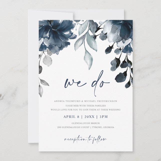 Convite de Casamento Floral Jardim com Aquarela Az (Frente)