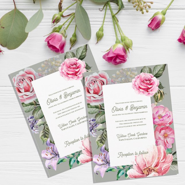 Convite de Casamento Floral Jardim Cor-de-Rosa Rom (Blush Garden Floral Wedding Invitation | Romantic Rose Botanical Wedding Invitation Card)