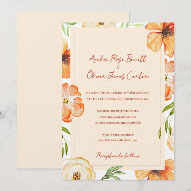 Convite de Casamento Floral Jardim de Pêssego Suav (Frente/Verso)