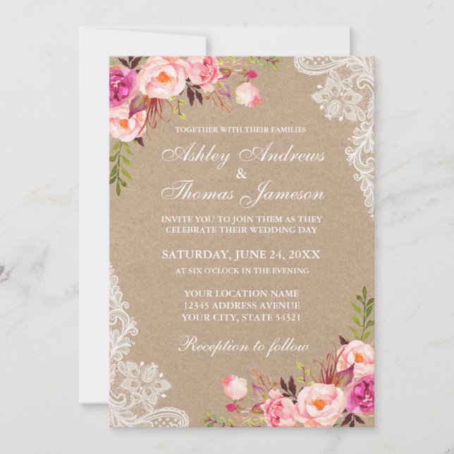 Convite de casamento Floral Kraft Pink Blush (Frente)