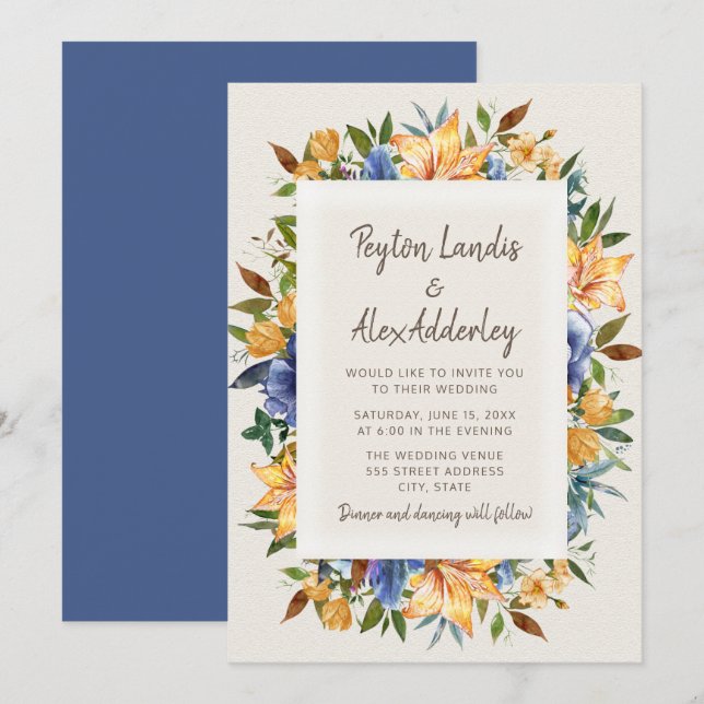 Convite de Casamento Floral Laranja Azul Moderno (Frente/Verso)