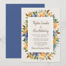 Convite de Casamento Floral Laranja Azul Moderno