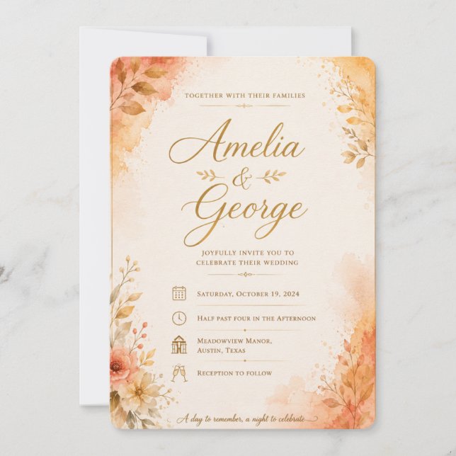 Convite de Casamento Floral Laranja Elegante Temp (Frente)