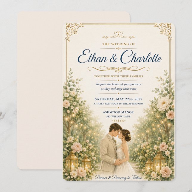 Convite de Casamento Floral Laranja Elegante Temp (Frente/Verso)
