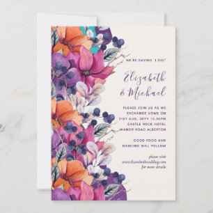 convite de casamento Floral Laranja Púrpura 5x7