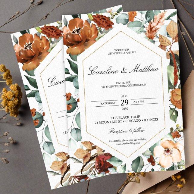 Convite De Casamento Floral Laranja Queimado (Criador carregado)