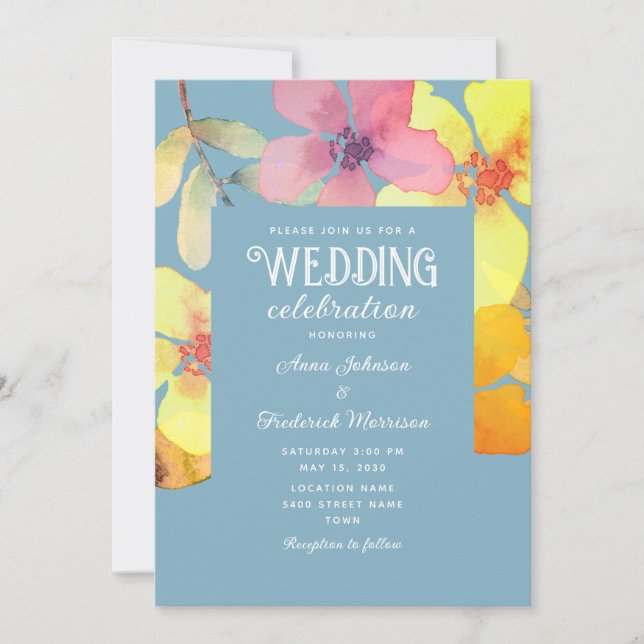 Convite de Casamento Floral Laranja Rosa Azul Poei (Frente)