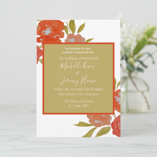 Convite de Casamento Floral Laranja Vermelho Moder (Em pé/Frente)