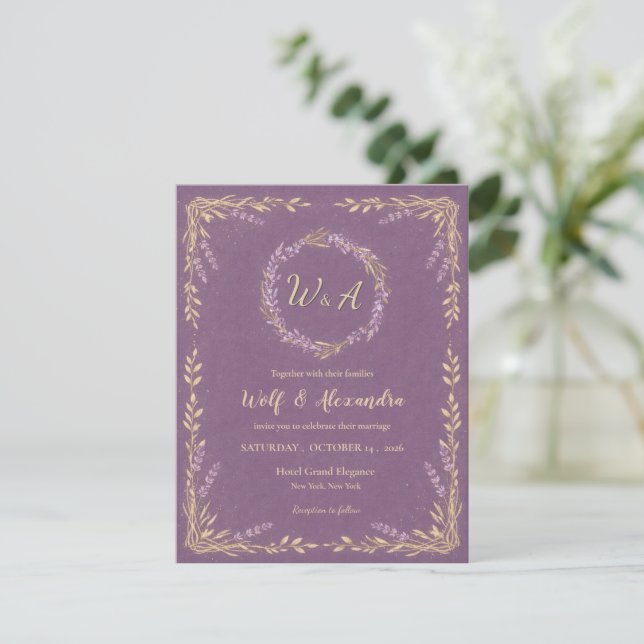 Convite de Casamento Floral Lavanda (Em pé/Frente)