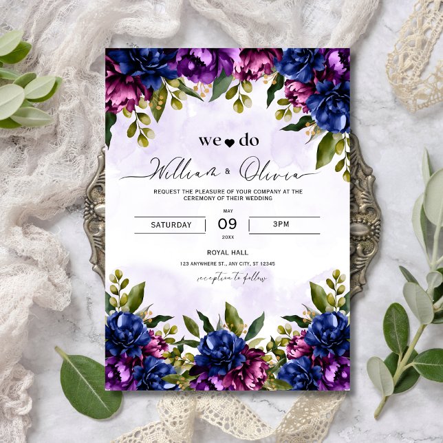 Convite de Casamento Floral Lavanda, Elegante Roxo (Criador carregado)