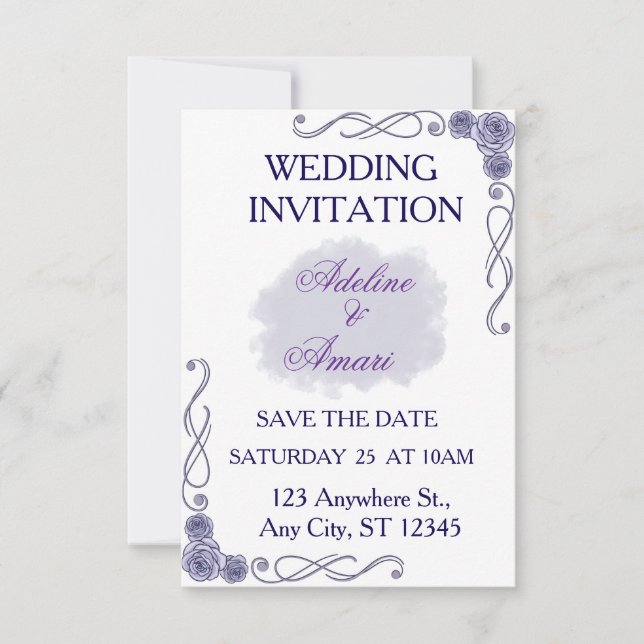 Convite de Casamento Floral Lavanda Rosas Nuvens (Frente)