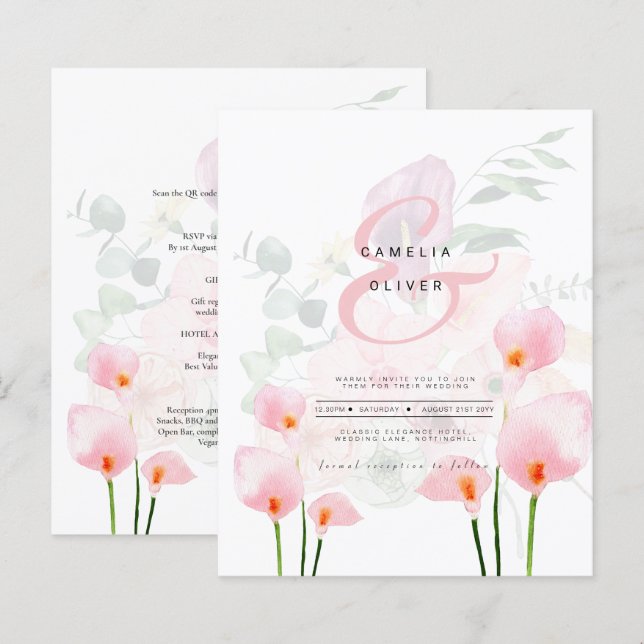 Convite de casamento Floral Leah G Pink Calla Lily (Frente/Verso)