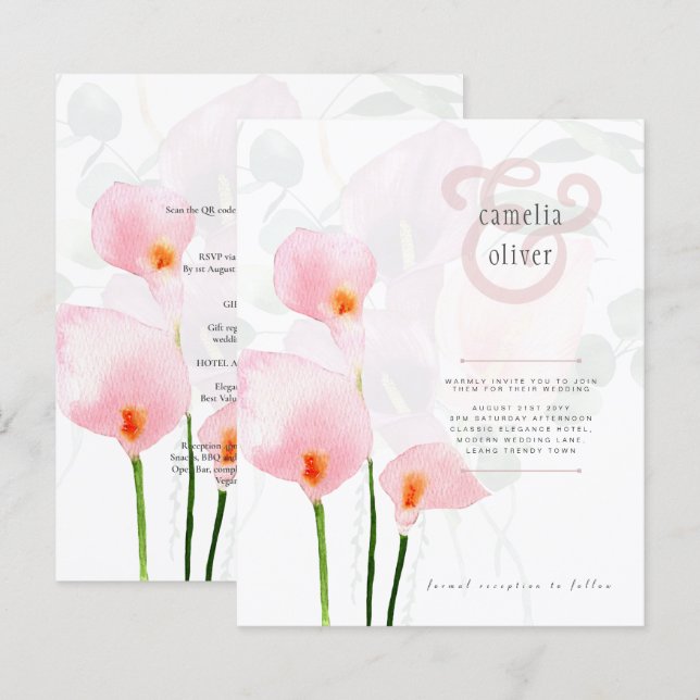 Convite de casamento Floral Leah G Pink Calla Lily (Frente/Verso)