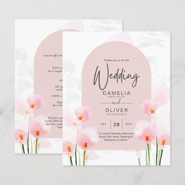Convite de casamento Floral Leah G Pink Calla Lily (Frente/Verso)