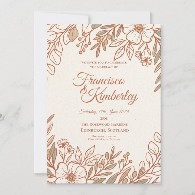 Convite de Casamento Floral Linha Dourado Rosa (Frente)