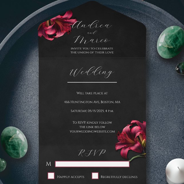Convite de Casamento Floral Lírio Escuro Gótico (All in One Floral Lilly Gothic Wedding Invitation)