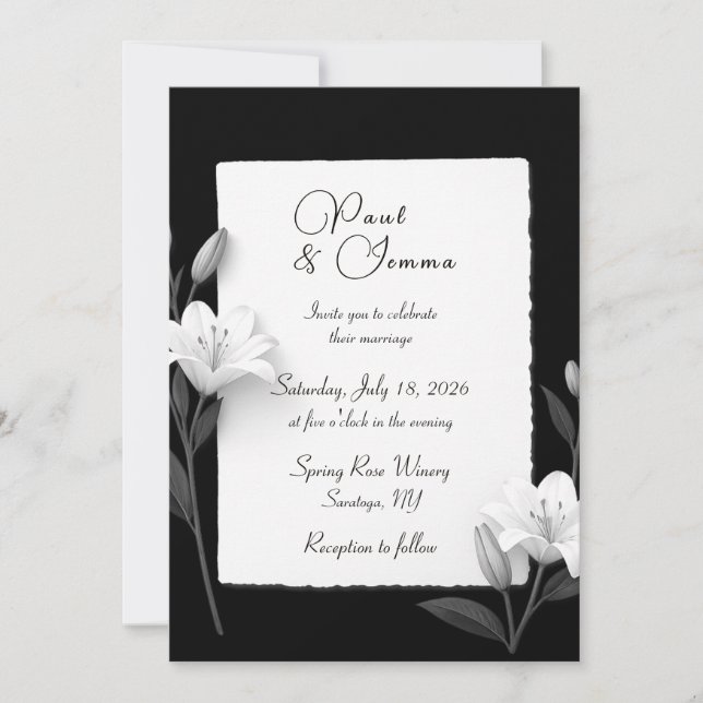 Convite de Casamento Floral Lírio Preto e Branco (Frente)
