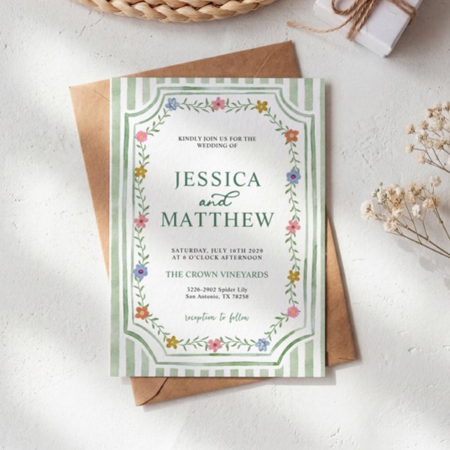 Convite de Casamento Floral Listrado Verde (Criador carregado)