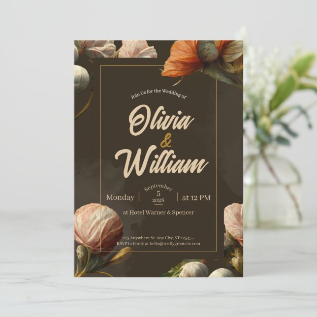 Convite de Casamento Floral Luxo Rústico (Em pé/Frente)