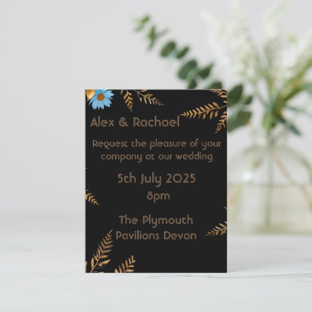 Convite de Casamento Floral Luxuoso em Dourado e A (Em pé/Frente)