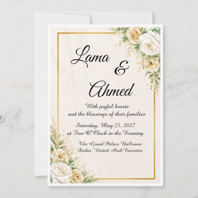 Convite de Casamento Floral Luxuoso Marfim e Doura (Frente)