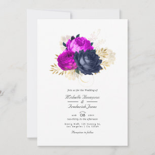 Convite de Casamento Floral Magenta Naval e Dourad