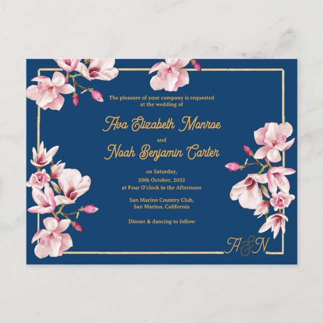 Convite de Casamento Floral Magnólia Arco Dourado  (Frente)