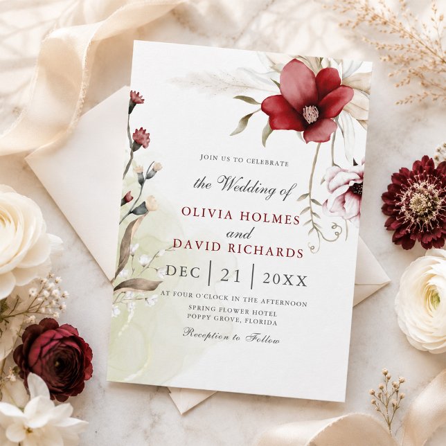 Convite de Casamento Floral Marfim Borgonha (Burgundy Ivory Floral Wedding Invitation)