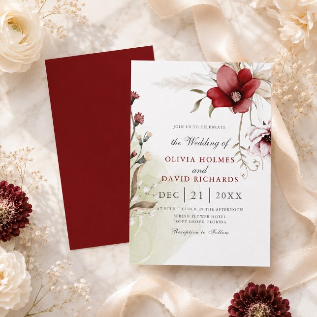 Convite de Casamento Floral Marfim Borgonha Elegan (Elegant Burgundy Ivory Floral Wedding Invitation)