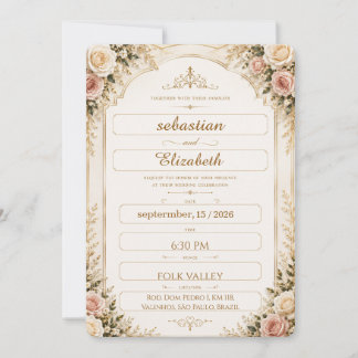 Convite de Casamento Floral Marfim e Dourado de Lu