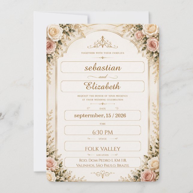 Convite de Casamento Floral Marfim e Dourado de Lu (Frente)